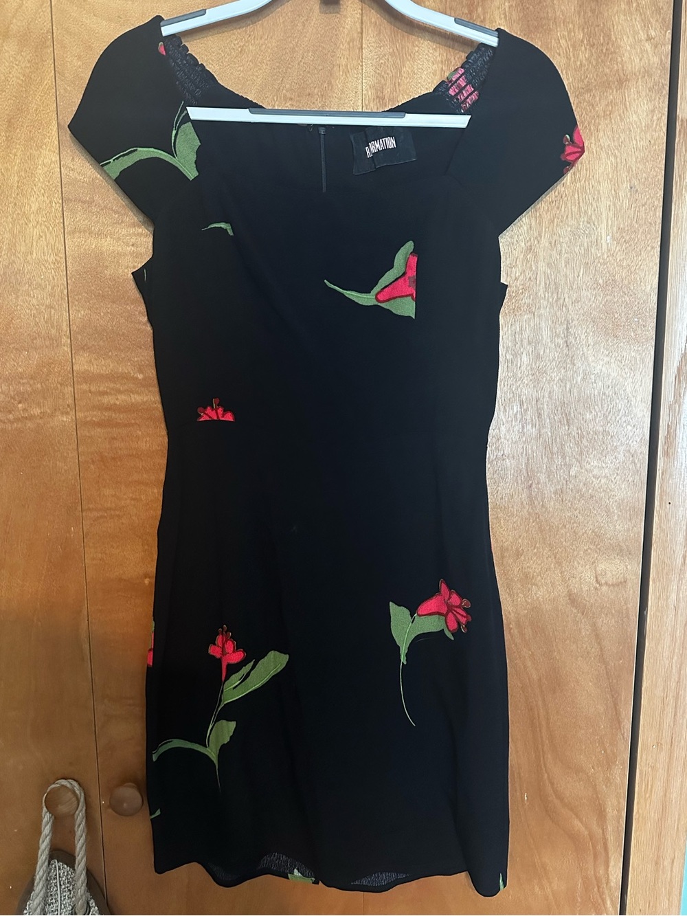 Reformation Black Mini Dress with Red & Green Floral Accents